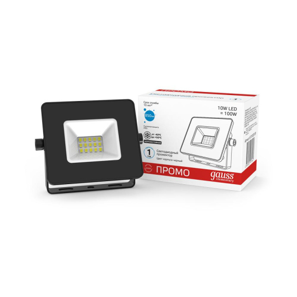 Прожектор светодиодный Gauss Elementary 10W 850lm 6500К 200-240V IP65 PROMO G2 черный LED 1/20