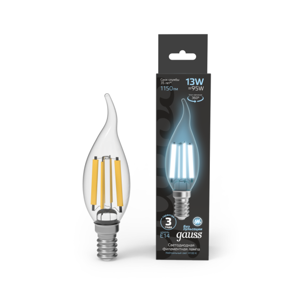 Лампа Gauss Filament Свеча на ветру 13W 1150lm 4100К Е14 LED 1/10/50