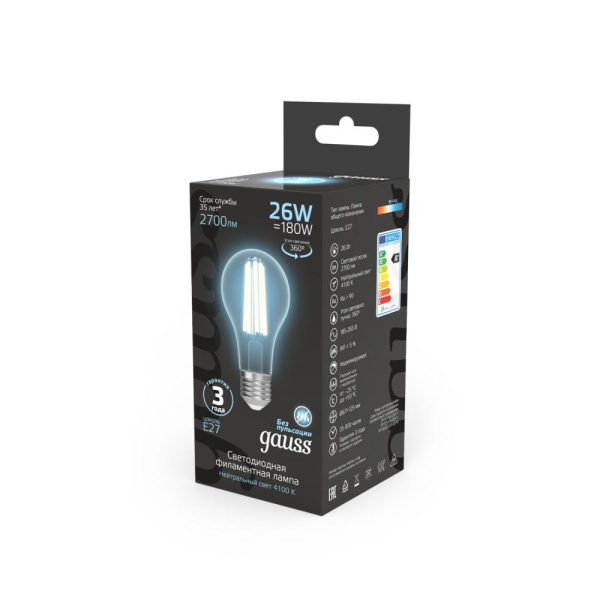 Лампа Gauss Filament А70 26W 2700lm 4100К Е27 LED 1/10/40