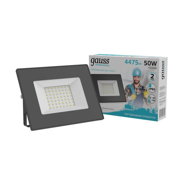 Прожектор светодиодный Gauss Elementary G2 50W 4495lm IP65 4000К черный 1/48