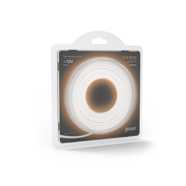 Лента Gauss LED 2835/120-SMD 9.6W  12V DC теплый белый IP66 (блистер 5м)