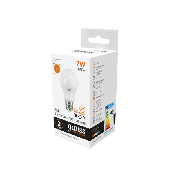 Лампа Gauss Elementary A60 7W 520lm 3000K E27 LED 1/10/50