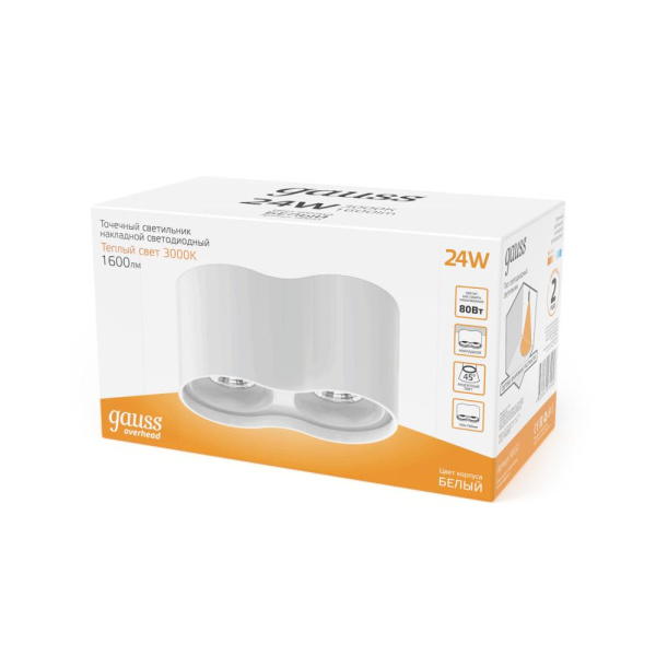 Светильник Gauss Overhead наклдвойной цилиндр 24W 1600lm 3000K 170-240V IP20 180*100мм белый LED 1/10