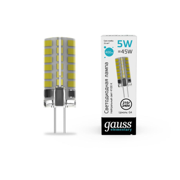 Лампа Gauss Elementary G4 AC210-240V 5W 400lm 4100K силикон LED 1/20/200