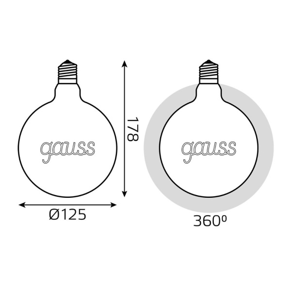 Лампа Gauss Filament G125 2,5W 200lm 2000К Е27 golden GAUSS LED 1/20