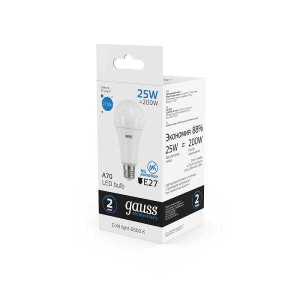 Лампа Gauss Elementary A70 25W 2150lm 6500K E27 LED 1/10/50