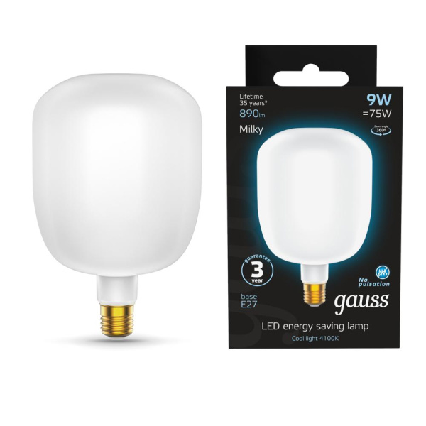 Лампа Gauss Filament V140 9W 890lm 4100К Е27 milky LED 1/6