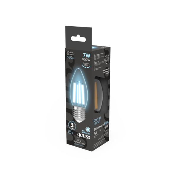 Лампа Gauss Filament Свеча 7W 580lm 4100К Е27 LED 1/10/50