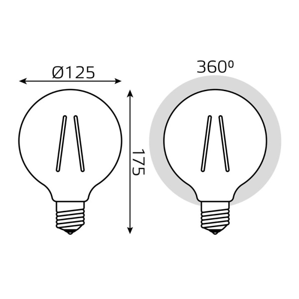 Лампа Gauss Filament G125 10W 820lm 2400К Е27 golden диммируемая LED 1/20