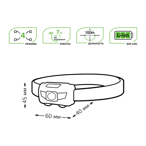 Фонарь налобный Gauss модель GFL405 3W 130lm Li-ion 600mAh LED 1/12/72