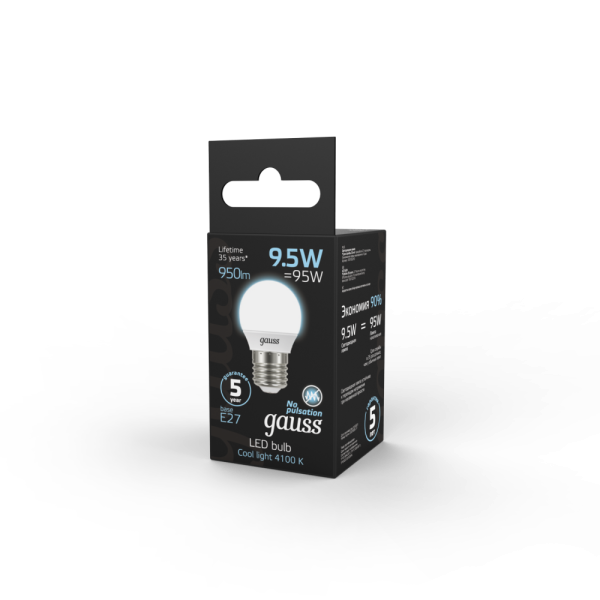 Лампа Gauss Шар 9.5W 950lm 4100K E27 LED 1/10/100