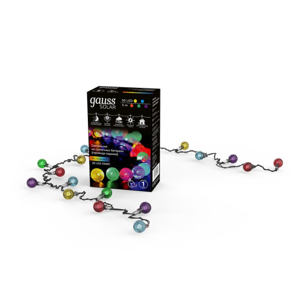 Гирлянда садовая на солнечной батарее 30 LED Шары мультицвет Gauss Solar, 1/12