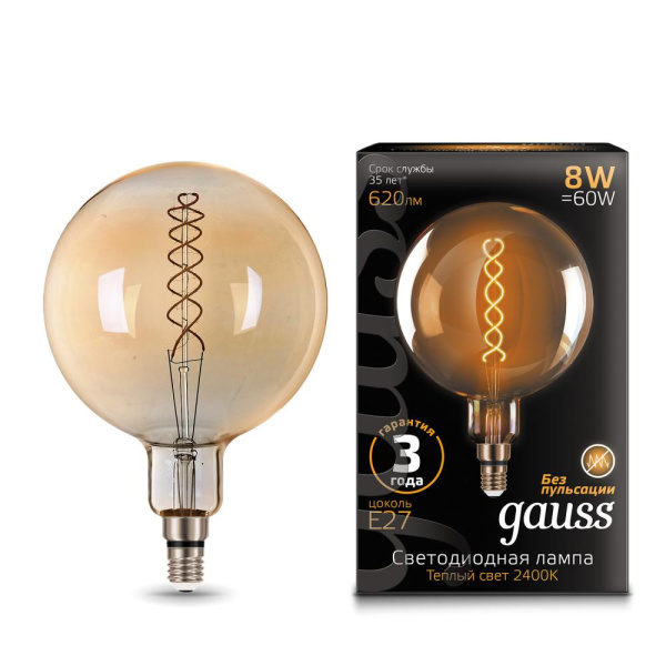 Лампа Gauss Filament G200 8W 620lm 2400К Е27 golden flexible LED 1/6