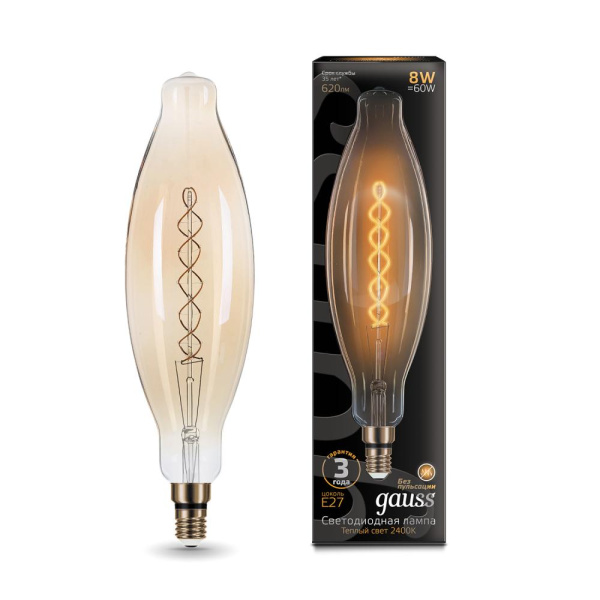 Лампа Gauss Filament BT120 8W 620lm 2400К Е27 golden flexible LED 1/10