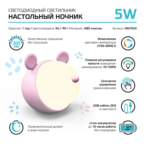 Светильник ночник настольный Gauss Qplus модель GTL702 5W 200lm 2700-6000K 5V Li-ion 1200mA розовый диммируемый LED 1/10/30