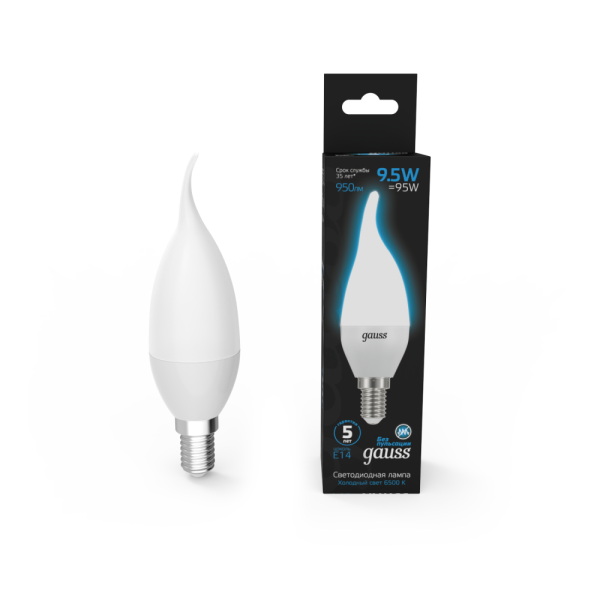 Лампа Gauss Свеча на ветру 9.5W 950lm 6500K E14 LED 1/10/50
