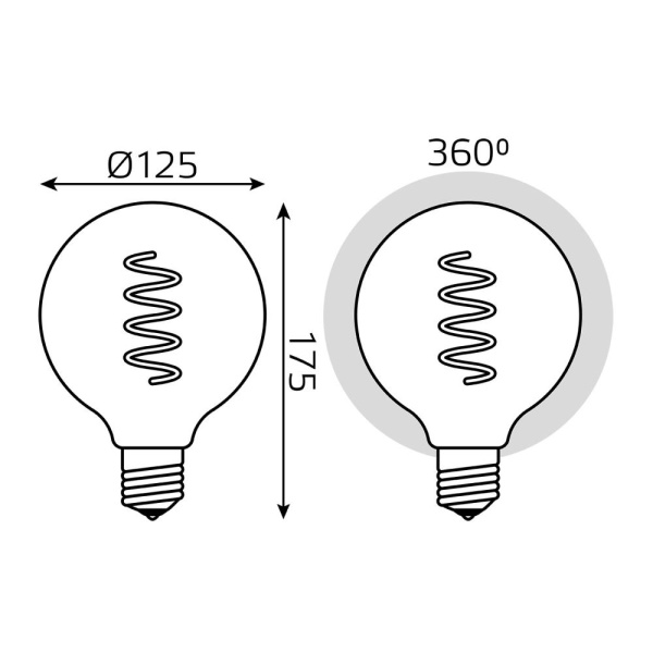 Лампа Gauss Filament G125 6W 360lm 2400К Е27 golden flexible LED 1/20