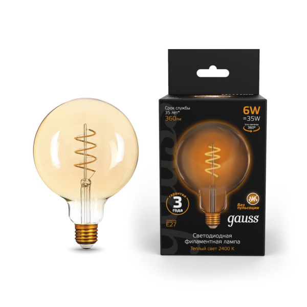 Лампа Gauss Filament G125 6W 360lm 2400К Е27 golden flexible LED 1/20