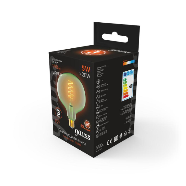 Лампа Gauss Filament G125 5W 190lm 1800К Е27 green flexible LED 1/10