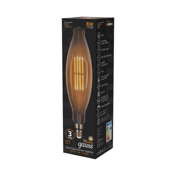 Лампа Gauss Filament BT120 6W 780lm 2400К Е27 golden straight LED 1/10