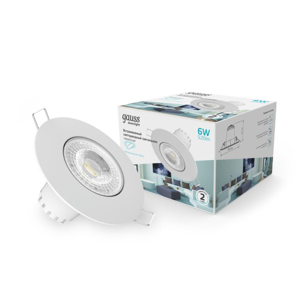 Светильник Gauss Downlight круг 6W 520lm 4000K 100-265V IP20 монтаж Ø65 90*56мм белый LED 1/40