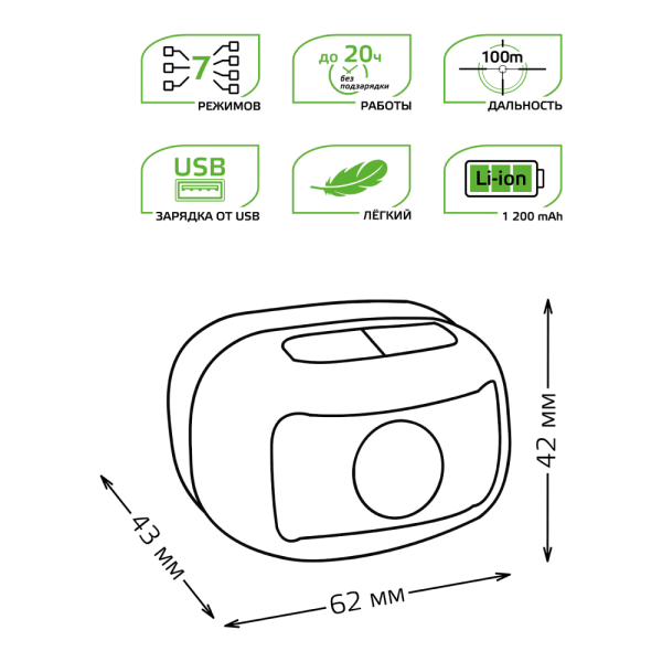 Фонарь налобный Gauss модель GFL402 3W 220lm Li-ion 1200mAh LED 1/10/100