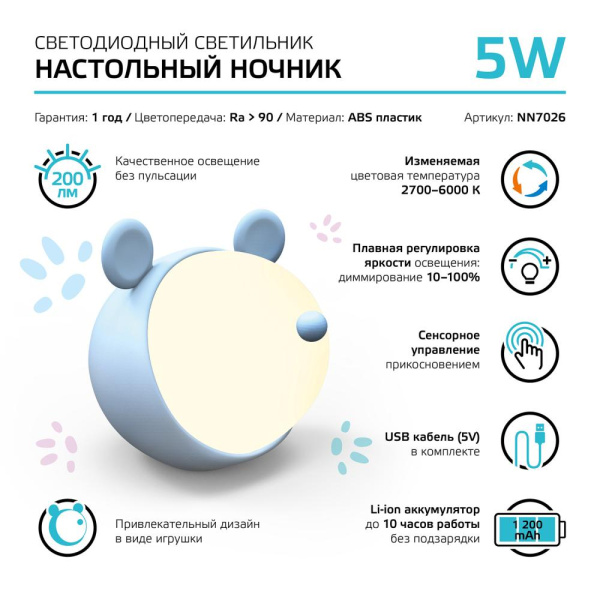 Светильник ночник настольный Gauss Qplus модель GTL702 5W 200lm 2700-6000K 5V Li-ion 1200mA голубой диммируемый LED 1/10/30
