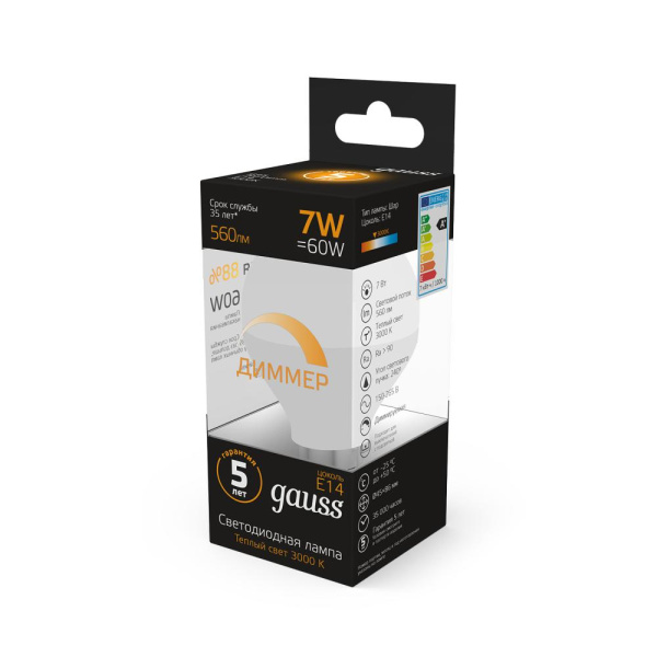 Лампа Gauss LED Шар-dim E14 7W 560lm 3000К диммируемая 1/10/100