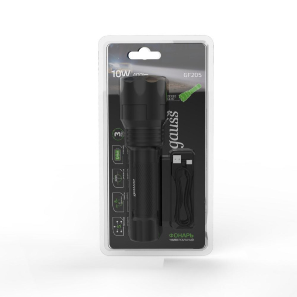Фонарь ручной Gauss модель GFL205 10W 400lm Power Bank  Li-ion 2000mA LED 1/12/48