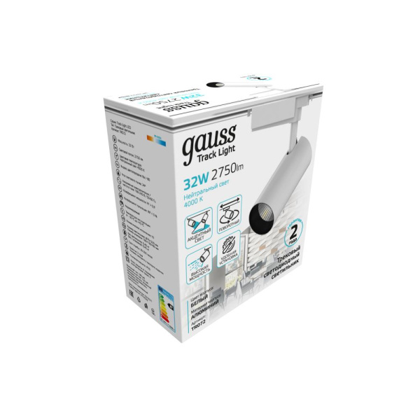 Светильник трековый Gauss цилиндр 32W 2750lm 4000K 180-240V IP20 75*220мм белый угол 24º LED 1/40
