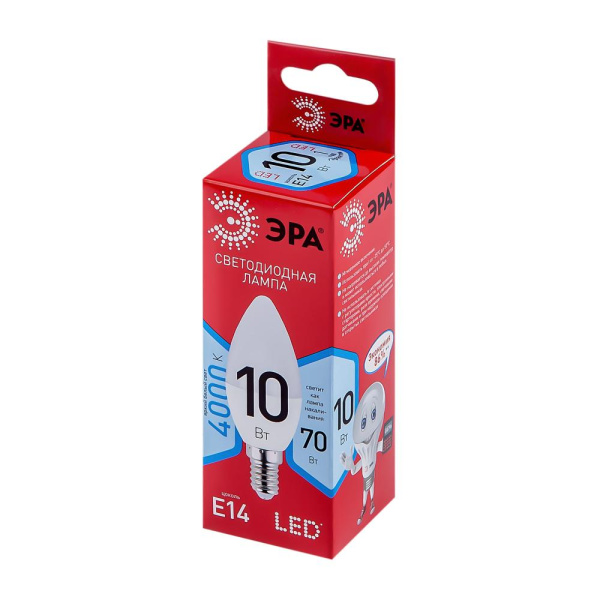 LED B35-10W-840-E14 R  Лампа светодиодная ЭРА RED LINE LED B35-10W-840-E14 R 10Вт свеча нейтральный белый свет Е14
