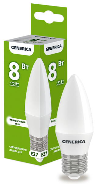 Лампа LED C35 свеча 8Вт 230В 4000К E27 GENERICA