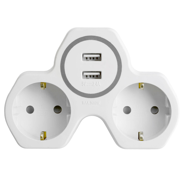 Разветвитель сетевой 2-местный с/з STEKKER ADP16-14-20, 250V, 16A и 2-мя USB выходами на 2,4А, огнеустойчивый пластик, белый/серый STEKKER ADP16-14-20