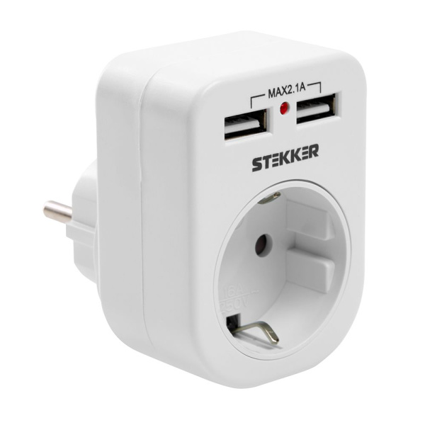 Переходник сетевой с/з c 2 USB 2,1А, STEKKER ADP16-24-20, 250В, 16A, IP20, белый STEKKER ADP16-24-20