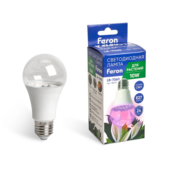 Лампа светодиодная для растений А60 Feron LB-7060 E27 10W 175-265V красно-синий спектр FERON LB-7060