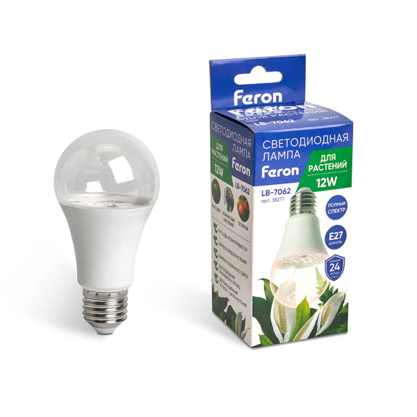 Лампа светодиодная для растений А60 Feron LB-7062 E27 12W 175-265V полный спектр FERON LB-7062