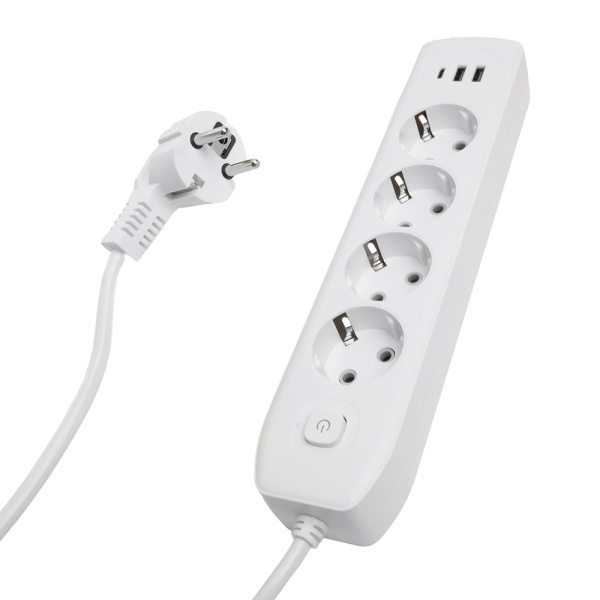 Удлинитель 4-местный c/з 3x1 мм2, 1,8 м, 250В, 10А, 2USB+1Type-C 2,4А, серия Home plus, белый STEKKER HM08-43-02 STEKKER HM08-43-02