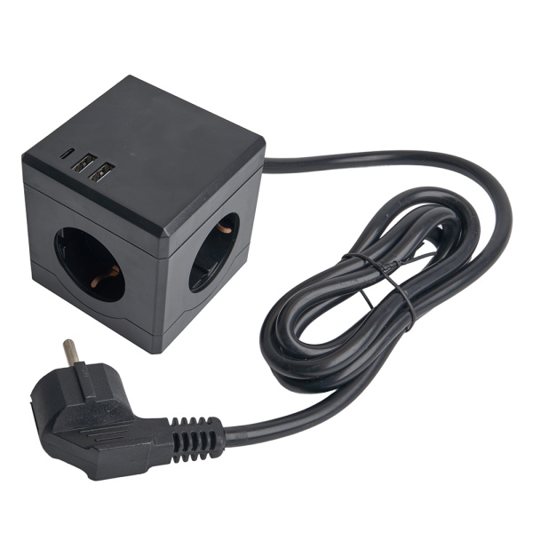 HM10-41-01 Удлинитель 3-местный с/з, 3x1мм2, 1.5м, 250В, 16А, 2USB+1С, 5V 3,1А, серия Comfort, черный STEKKER HM10-41-01