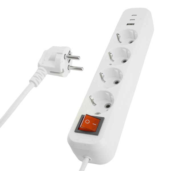 Удлинитель 4-местный с/з с выключ. STEKKER HM071-41-03 3x1мм2, 3м, 250В, 16А, 1USB+2C, 2.4A, сер Home, белый STEKKER HM071-41-03