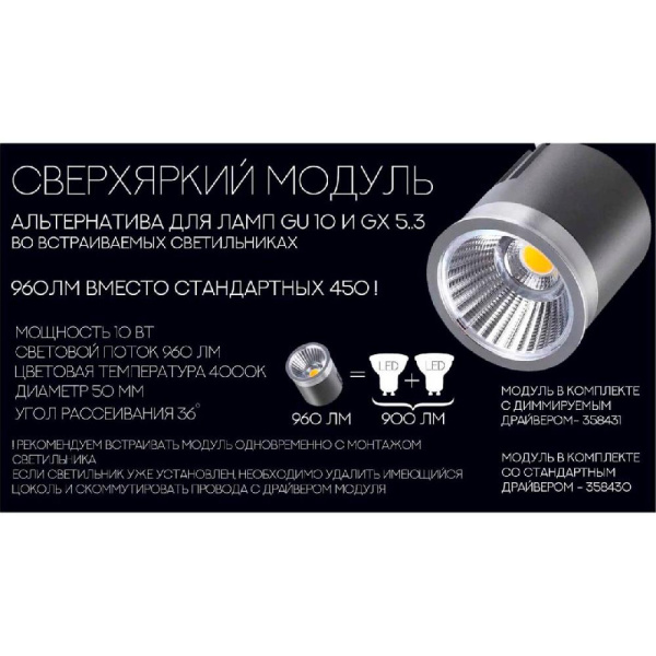 358430 DIOD NT20 289 белый Модуль в комплекте с драйвером IP20 LED 4000К 12W 220-240V
