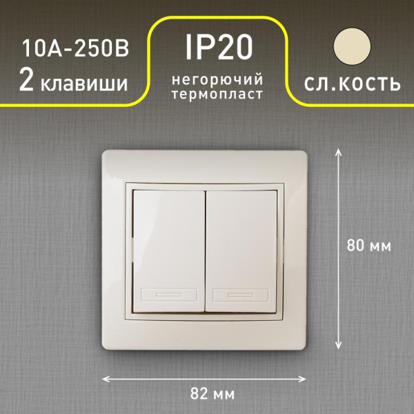 1-104-02 Intro Выключатель двойной, 10А-250В, IP20, СУ, Plano, сл.кость (10/200/2400)