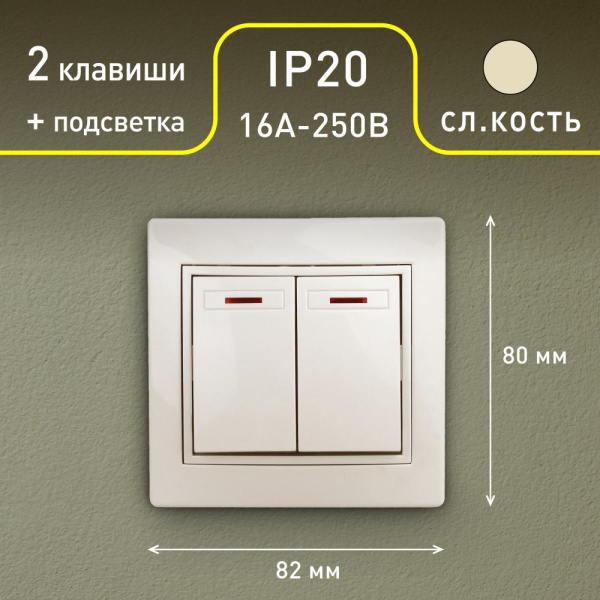 1-105-02 Intro Выключатель двойной с подсветкой, 10А-250В, IP20, СУ, Plano, сл.кость (10/200/2400)