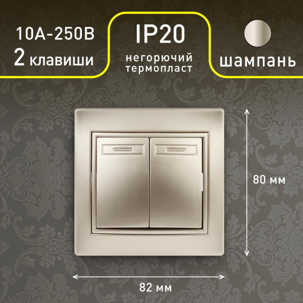 1-104-04 Intro Выключатель двойной, 10А-250В, IP20, СУ, Plano, шампань (10/200/2400)