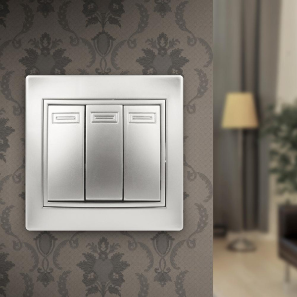 1-106-03 Intro Выключатель тройной, 10А-250В, IP20, СУ, Plano, алюминий (10/200/2400)