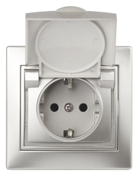 1-203-03 Intro Розетка 2P+E Schuko с крышкой, 16А-250В, IP20, СУ, Plano, алюминий (10/100/1500)