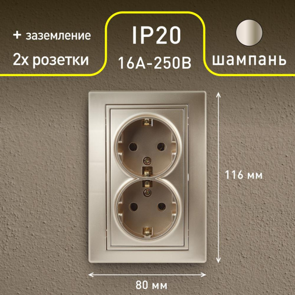1-205-04 Intro Розетка 2X2P+E Schuko, 16А-250В, IP20, СУ, Plano, шампань (10/100/1200)