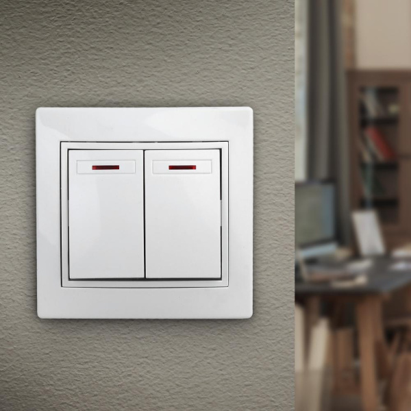 1Э-105-01 Intro Выключатель двойной с подсветкой, 10А-250В, СУ, б.л., Plano, белый (10/200/2400)