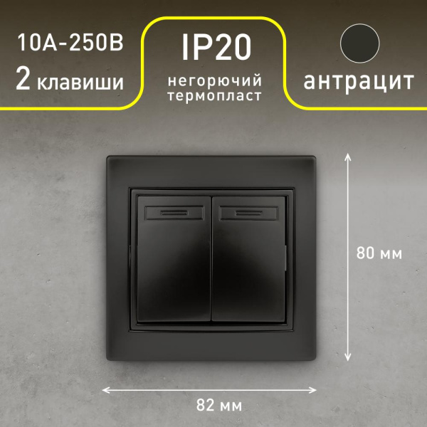 1-104-05 Intro Выключатель двойной, 10А-250В, IP20, СУ, Plano, антрацит (10/200/2400)