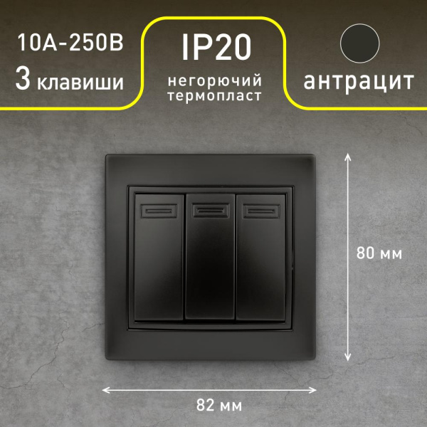 1-106-05 Intro Выключатель тройной, 10А-250В, IP20, СУ, Plano, антрацит (10/200/2400)