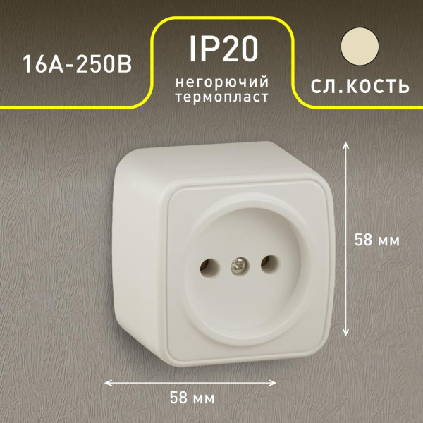 3-201-02 Intro Розетка 2P, 16А-250В, IP20, ОУ, Polo, сл.кость (20/400/4800)